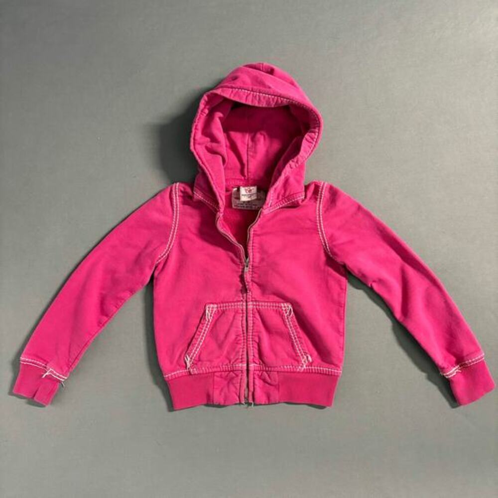 TRUE RELIGION Girls Big T Double Stitch Pink Hoodie Size S 100% Cotton Y2K Style